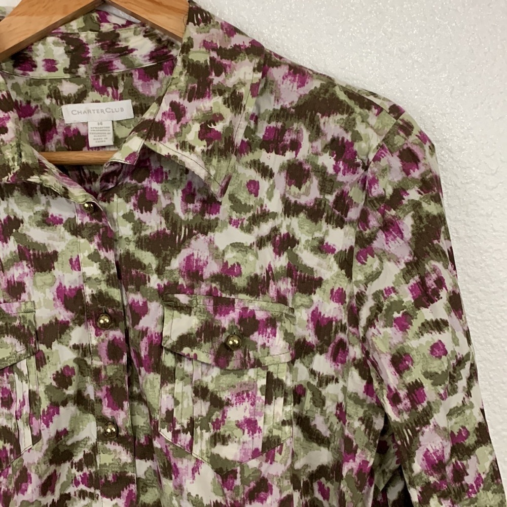 Charter Club Pink Green Abstract Watercolor Floral Button Down Shirt Size 14